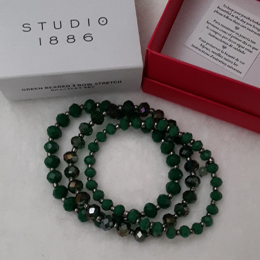 Green & Metallic Three-Row Beaded Stretch Bracelet Set, AVON Studio 1886